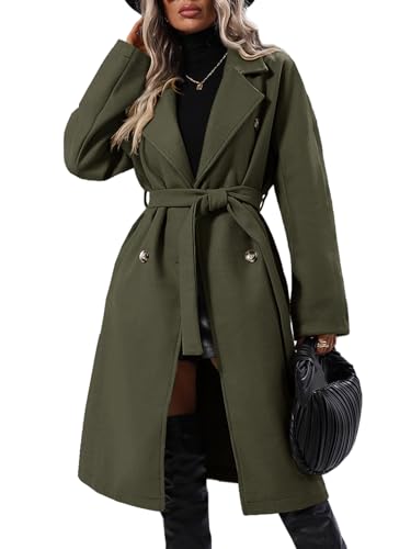 Women Elegant Wool Pea Coat Lapel Collar Double Breasted Mid-Long Winter Overcoats with Belted Pockets