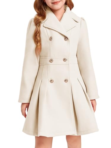 Girls Winter Dress Coat Button Peacoat Notch Lapel Double Breasted Outerwear with Pockets 5-14 Years