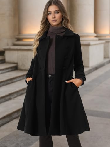 Women's Winter Coat Overcoat Lapel Collar Long Swing A Line Double Breasted Pea Coat