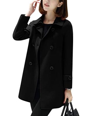 Women's Winter Double Breasted Coat Black Wool Peacoat Long Sleeve Trench Coat