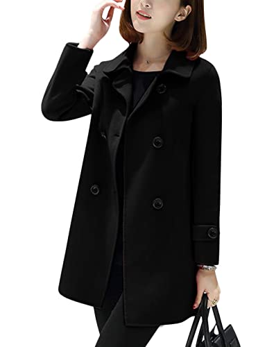 Women's Winter Double Breasted Coat Black Wool Peacoat Long Sleeve Trench Coat