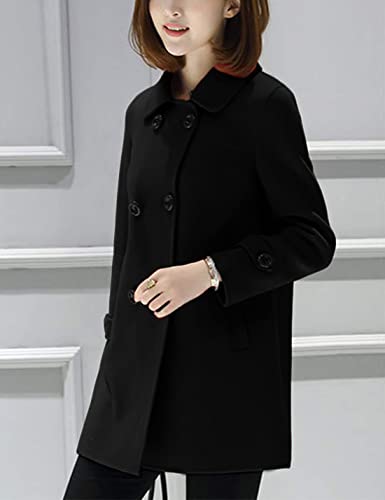 Women's Winter Double Breasted Coat Black Wool Peacoat Long Sleeve Trench Coat
