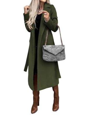 Women's Long Wool Pea Coats with Belt Notched Lapel Trench Coat for Women Fall Winter Warm Overcoat