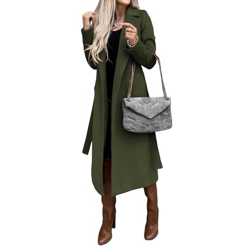 Women's Long Wool Pea Coats with Belt Notched Lapel Trench Coat for Women Fall Winter Warm Overcoat