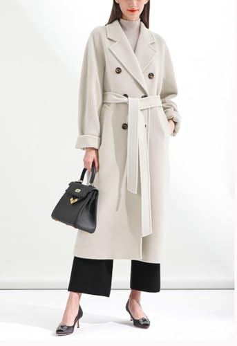 Women's Winter Double Breasted Wool Coat Business Casual Midi Long Winter Trench Coat with Belt
