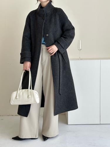 Women's Winter Hidded Button Wool Coat Stand Collar Belted Long Trench Overcoat with Pockets