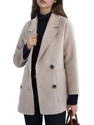 Women's Winter Plaid Wool Trench Coat Notch Lapel Vintage Loose Warm Long Double Breasted Peacoat