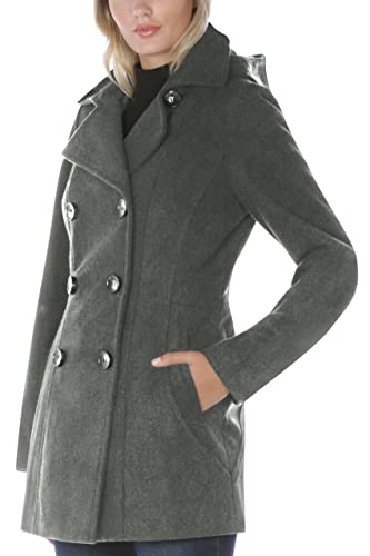 Women's Soft Wool Blend Peacoat – Double Breasted Winter Coat with Detachable Hood