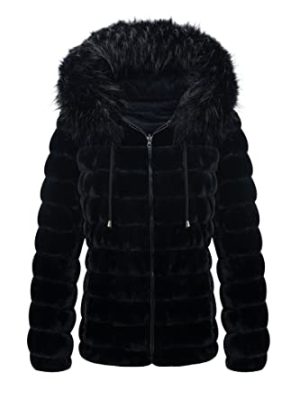 Women Double Sided Faux Fur Jacket Spring and Winter Fashion Reversible Hood Puffer Coat with Fur Collar