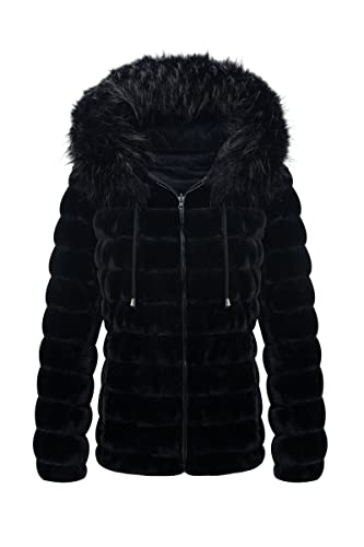 Women Double Sided Faux Fur Jacket Spring and Winter Fashion Reversible Hood Puffer Coat with Fur Collar