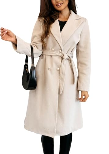 Women Long Wool Trench Pea Coat Double Breast Midi-Long Overcoat with Belt