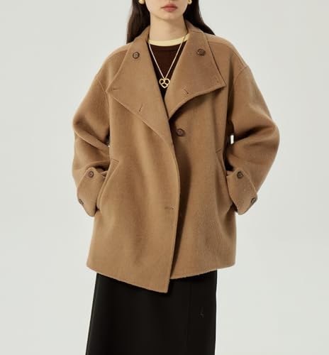 Womens Winter Stand Collar Wool Trench Coat Single Breasted Blazer Jacket Coat Loose Outerwear