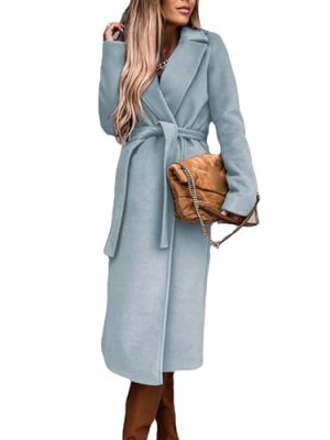 Women's Long Wool Pea Coats with Belt Elegant Lapel Collar Wool Blend Trench Coat Fall Winter Warm Overcoat