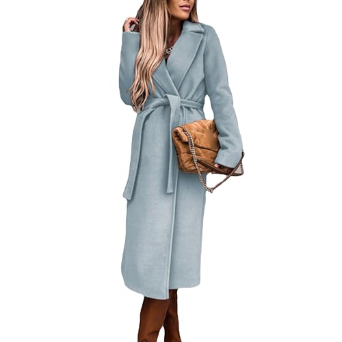 Women's Long Wool Pea Coats with Belt Elegant Lapel Collar Wool Blend Trench Coat Fall Winter Warm Overcoat
