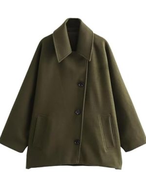 Women's Fall Single Breasted Pea Coat Long Sleeve Turndown Collar Wool Cape Blend Coat with Pockets