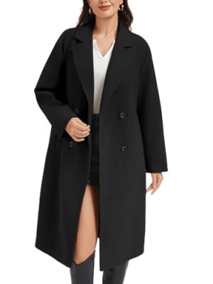 Womens Long Pea Coat Notch Lapel Double Breasted Trench Coat Fall Winter Overcoat Long Jacket