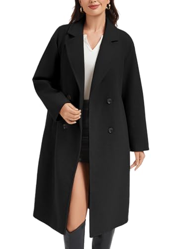 Womens Long Pea Coat Notch Lapel Double Breasted Trench Coat Fall Winter Overcoat Long Jacket