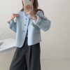 Women Short Wool Pea Coat Long Sleeve Button Down Short Jacket Cropped Woolen Blend Coat Outerwear