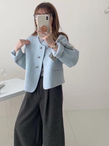 Women Short Wool Pea Coat Long Sleeve Button Down Short Jacket Cropped Woolen Blend Coat Outerwear