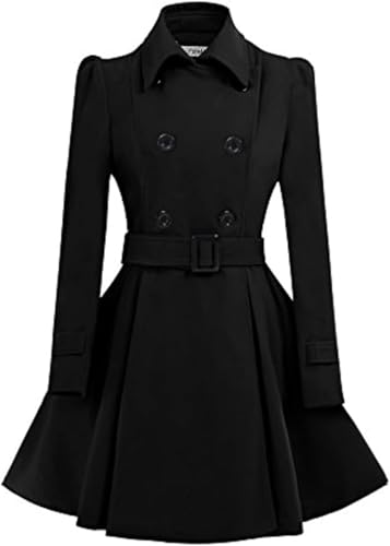 Women Swing Double Breasted Wool Pea Coat with Belt Buckle Spring Mid-Long Long Sleeve Lapel Dresses Outwear