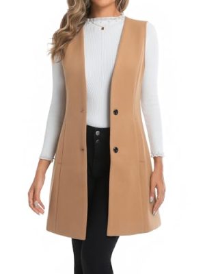 Long Plaid Vest for Women Fall Winter Trench Coat Sleeveless Blazer Jacket Cardigan Wool Vest Top Waistcoat