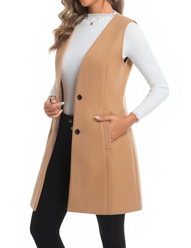 Long Plaid Vest for Women Fall Winter Trench Coat Sleeveless Blazer Jacket Cardigan Wool Vest Top Waistcoat