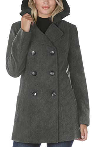 Women's Soft Wool Blend Peacoat – Double Breasted Winter Coat with Detachable Hood