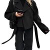 Womens Cropped Pea Coat Double Breasted Dressy Casual Notched Lapel Wool Blend Overcoat with Belt