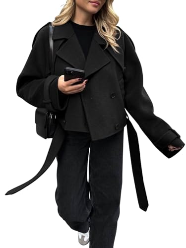 Womens Cropped Pea Coat Double Breasted Dressy Casual Notched Lapel Wool Blend Overcoat with Belt