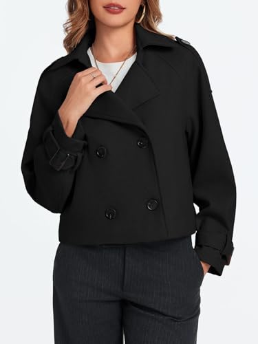 Womens Cropped Trench Coat Double Breasted Notched Lapel Pea Coats Wool Blend Jacket Outerwear