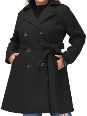 Women Plus Size Double Breasted Wool Pea Coat Notch Lapel Trench Coats Mid Long Winter Outerwear with Belt
