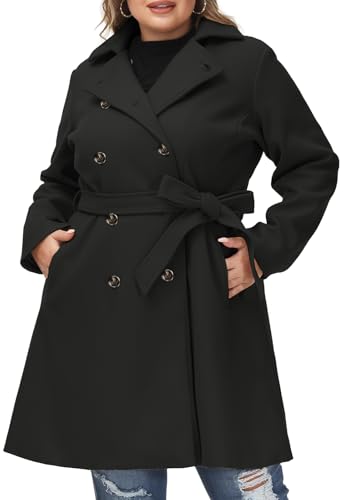 Women Plus Size Double Breasted Wool Pea Coat Notch Lapel Trench Coats Mid Long Winter Outerwear with Belt