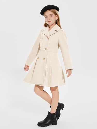 Girls Winter Dress Coat Button Peacoat Notch Lapel Double Breasted Outerwear with Pockets 5-14 Years