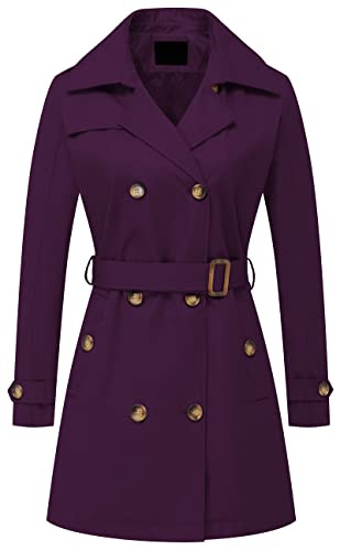 Women's Double Breasted Trench Coats Mid-Length Belted Overcoat Long Dress Jacket with Detachable Hood