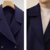 Women Cropped Wool Pea Coats Notched Lapel Double Breasted Crop Woolen Trench Coat Short Jackets with Pockets