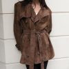 Women Faux Suede Leather Trench Coat Double Breasted Midi Long Pea Coat Overacoat with Belt