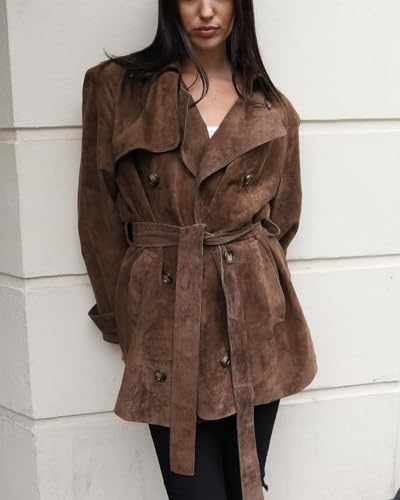 Women Faux Suede Leather Trench Coat Double Breasted Midi Long Pea Coat Overacoat with Belt