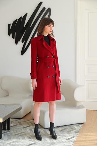 Women's Superior 100% Wool Trench Coat, Classy Long Wool Coat with Belt