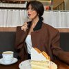Women's Casual Single Breasted Cropped Wool Blazer Jacket Contrast Collar Wool Blend Short Pea Coat Overcoat