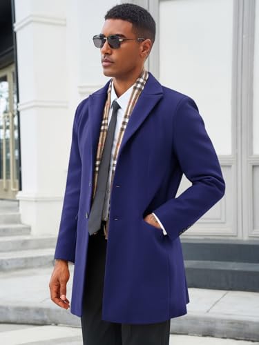 Men's Pea Coat with Detachable Plaid Scarfs Fall Single Breasted Wool Blend Trench Coat Winter Overcoat