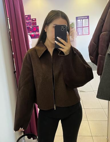 Womens Cropped Wool Jacket Warm Winter Fleece Bomber Jacket Zip Up Short Pea Coats with Pockets