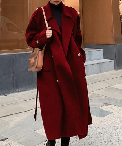 Women's Winter Trench Coat Wool Blend Double Breasted Notched Lapel Long Sleeve Jacket Pea Coat Overcoat