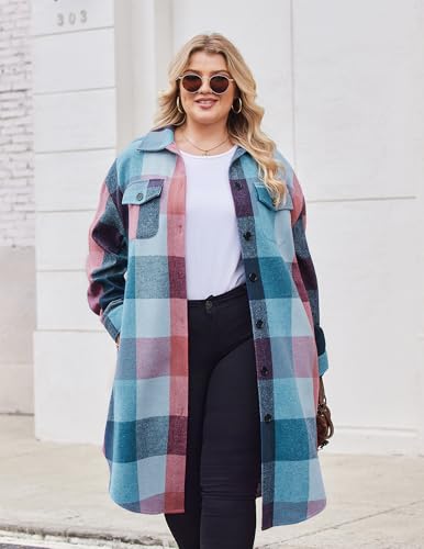 Womens Plus Size Flannel Plaid Shirts Long Sleeve Lounge Lapel Boyfriend Button Down Tartan Long Jacket Coats