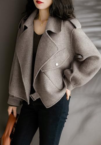 Women Cropped Wool Coats Notched Lapel Pea Coat Open Front Trench Overcoat Jackets with Pockets