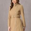 High Neck Winter Coat for Women's Zip Up Belted Mid-Long Overcoat