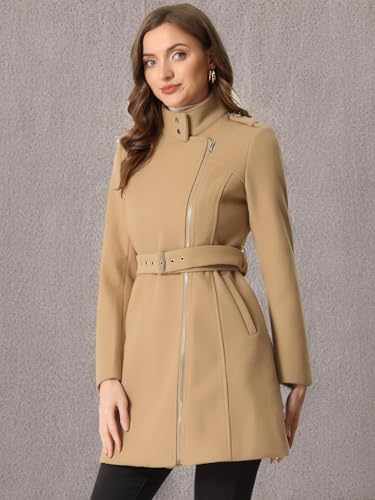 High Neck Winter Coat for Women's Zip Up Belted Mid-Long Overcoat