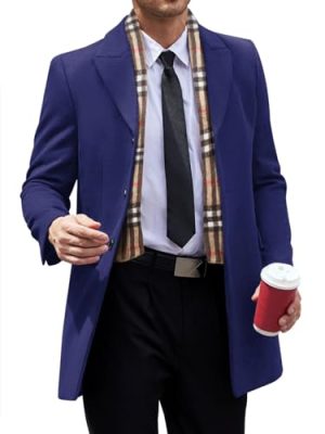 Men's Pea Coat with Detachable Plaid Scarfs Fall Single Breasted Wool Blend Trench Coat Winter Overcoat