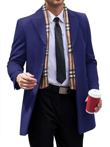 Men's Pea Coat with Detachable Plaid Scarfs Fall Single Breasted Wool Blend Trench Coat Winter Overcoat