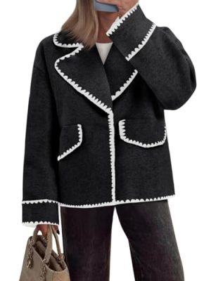 Womens Cropped Wool Jacket Embroidered Contrast Trims Blazer Fall Short Pea Coat with Pockets