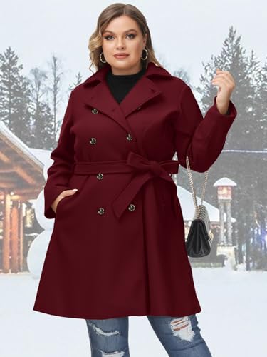 Women Plus Size Double Breasted Wool Pea Coat Notch Lapel Trench Coats Mid Long Winter Outerwear with Belt